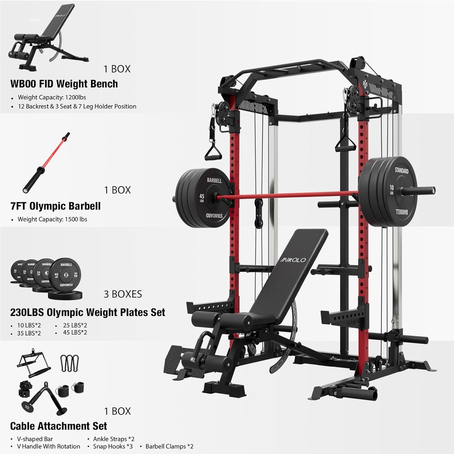 Mikolo Power Cage, 2000LB Power Rack with Independent Dual Pulley System, Multi-Function Home Gym Workout Machine for Cable Crossover