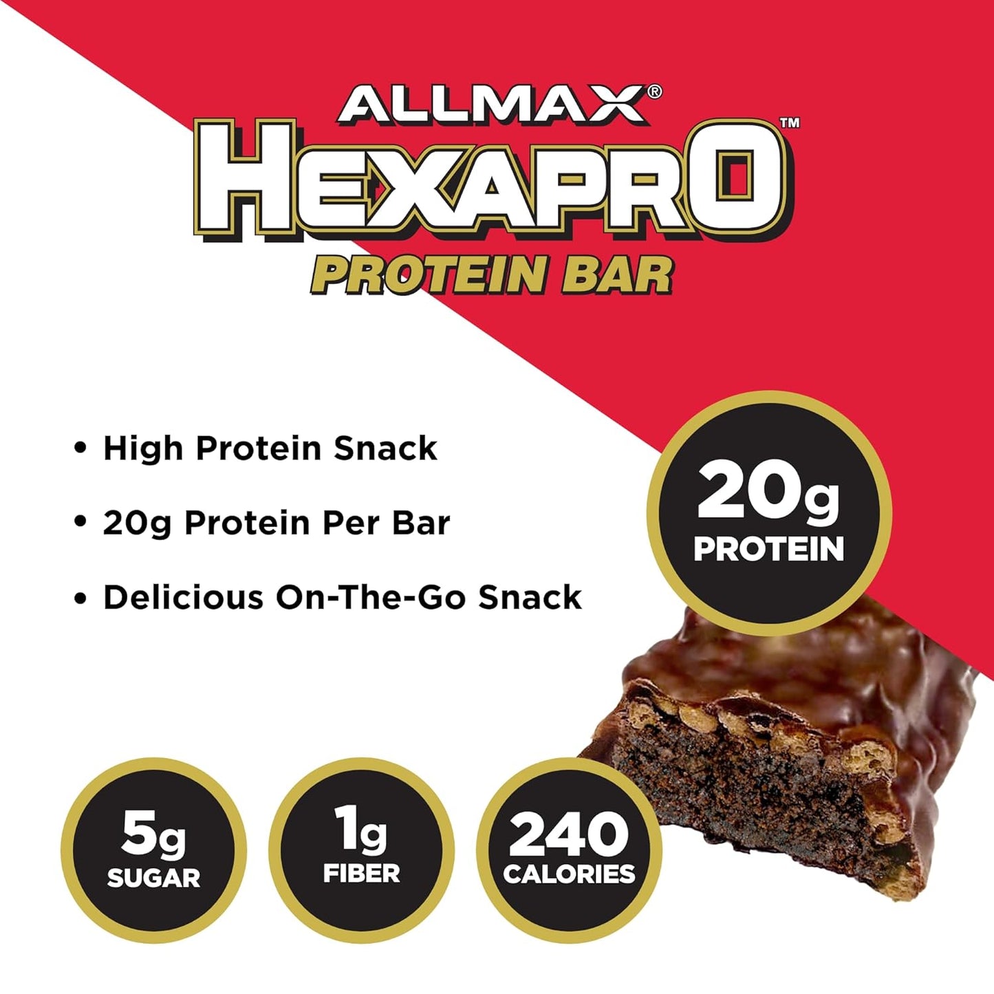ALLMAX HEXAPRO PROTEIN BAR, Chocolate Peanut Butter Cup - Pack of 12 - High-Protein Energy Snack - 20 g of Protein Per Bar - With Whey Protein Isolate