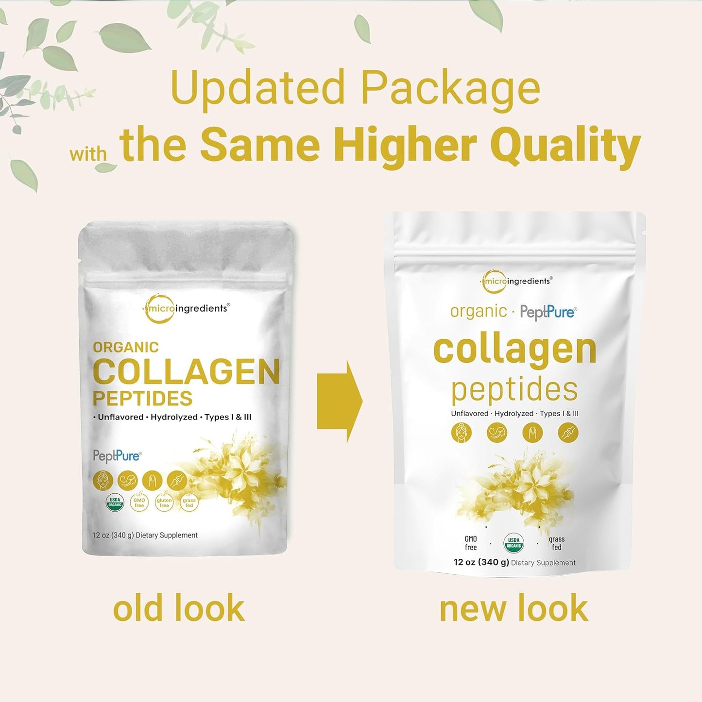 Micro Ingredients Collagen Peptides Powder Organic, 12oz | Type I & III + Natural Protein | Grass-Fed Bovine Source | Unflavored | Supports Skin, Joint & Bone Health | Paleo, Non-GMO