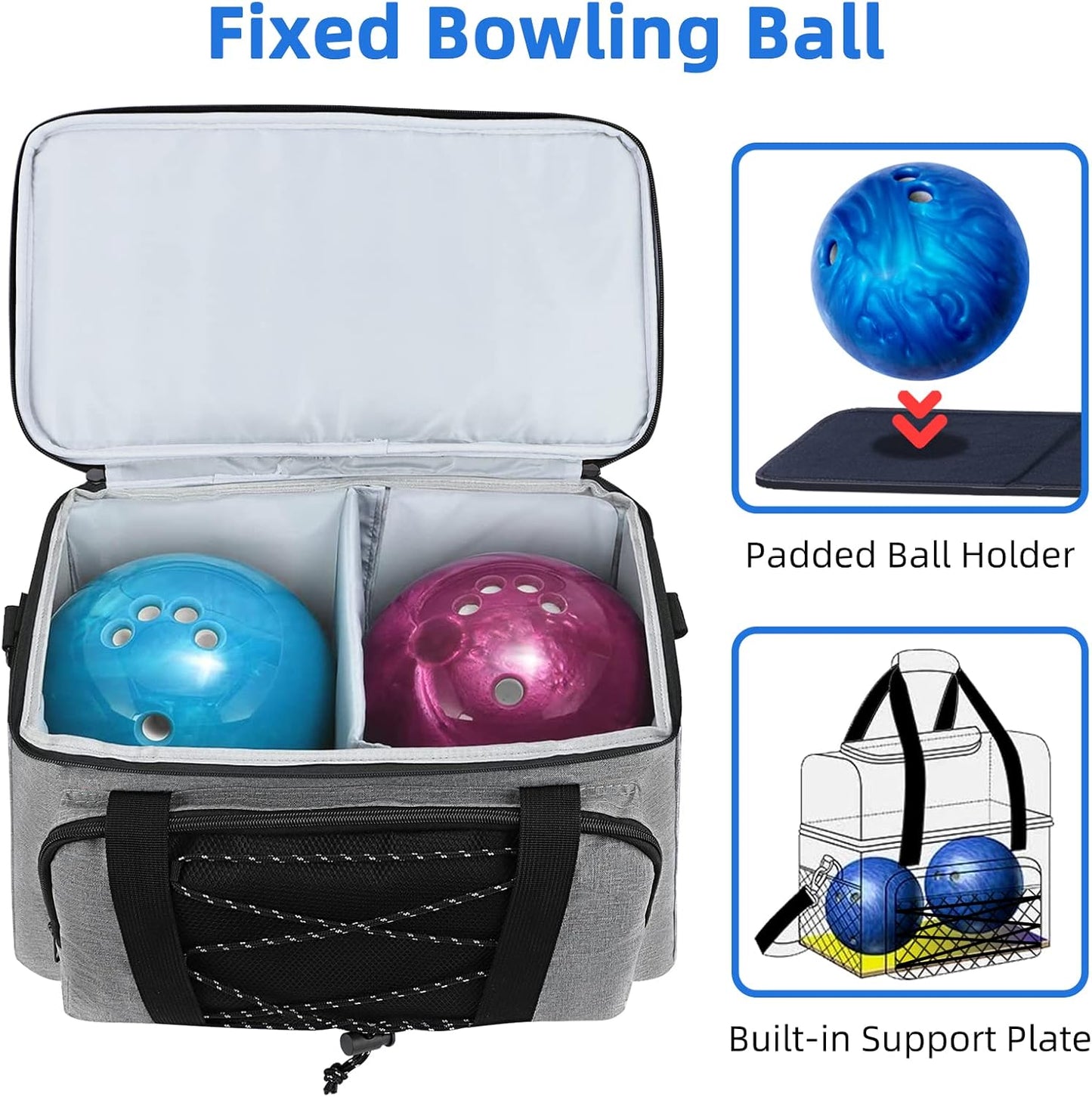 Bowling Ball Bag 2 Ball with Padded Holder Portable Double Bowling Totes with Adjustable Shoulder Strap Large Capacity Bowling Gear Organizer