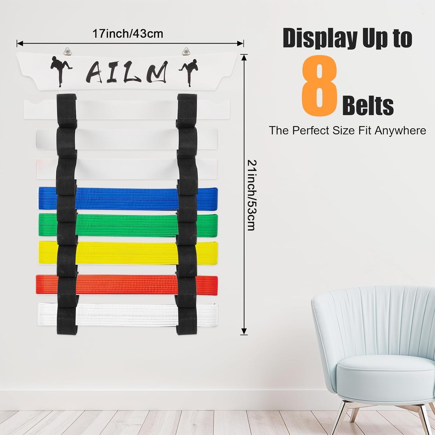 8 Belts Upgraded Karate Belt Display Rack with Stickers, Taekwondo Belt Display 【No Assembly Required】 Martial Arts Belt Display, Karate Belt Holder for Kids and Adult, Wood
