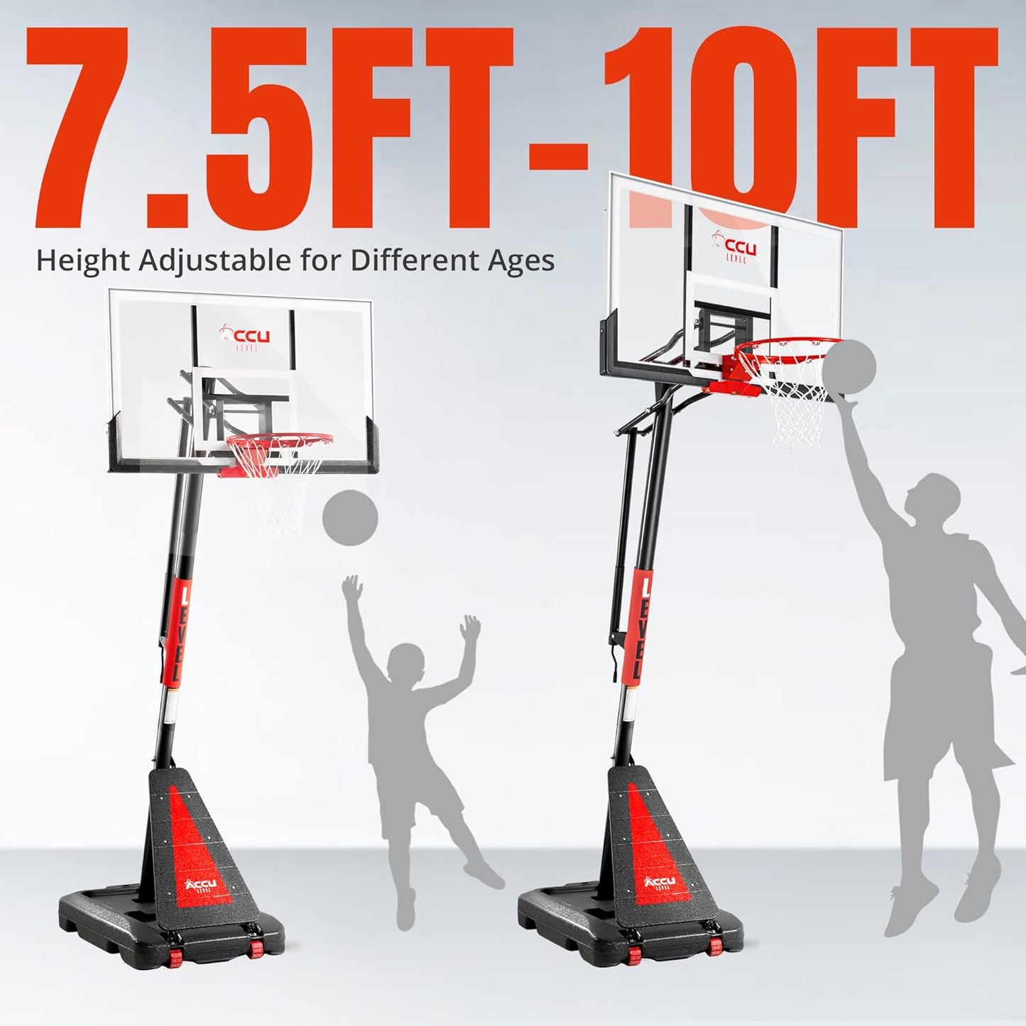 Crank Lift Basketball Hoop Outdoor 7.5-10ft Adjustable Portable Basketball Goal for Youth and Adults 44" 50" and 54" Patented Angle Adjustable PC Backboard and Large Fillable Base