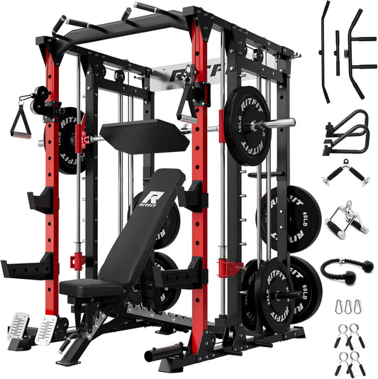 RitFit Buffalo Smith Machine, Power cage with LAT-Pull Down System & Cable Crossover System, All-in-One Squat Rack for Home Gym, Power Rack