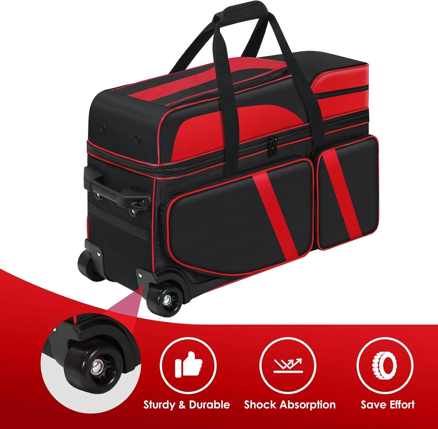 3 Ball Bowling Bags With Wheels,Bowling Bags 3 Ball Roller With Shoes Compartment And Multiple Pockets,3 Ball Bowling Bag has Retractable Handle Extends to 41.5 in