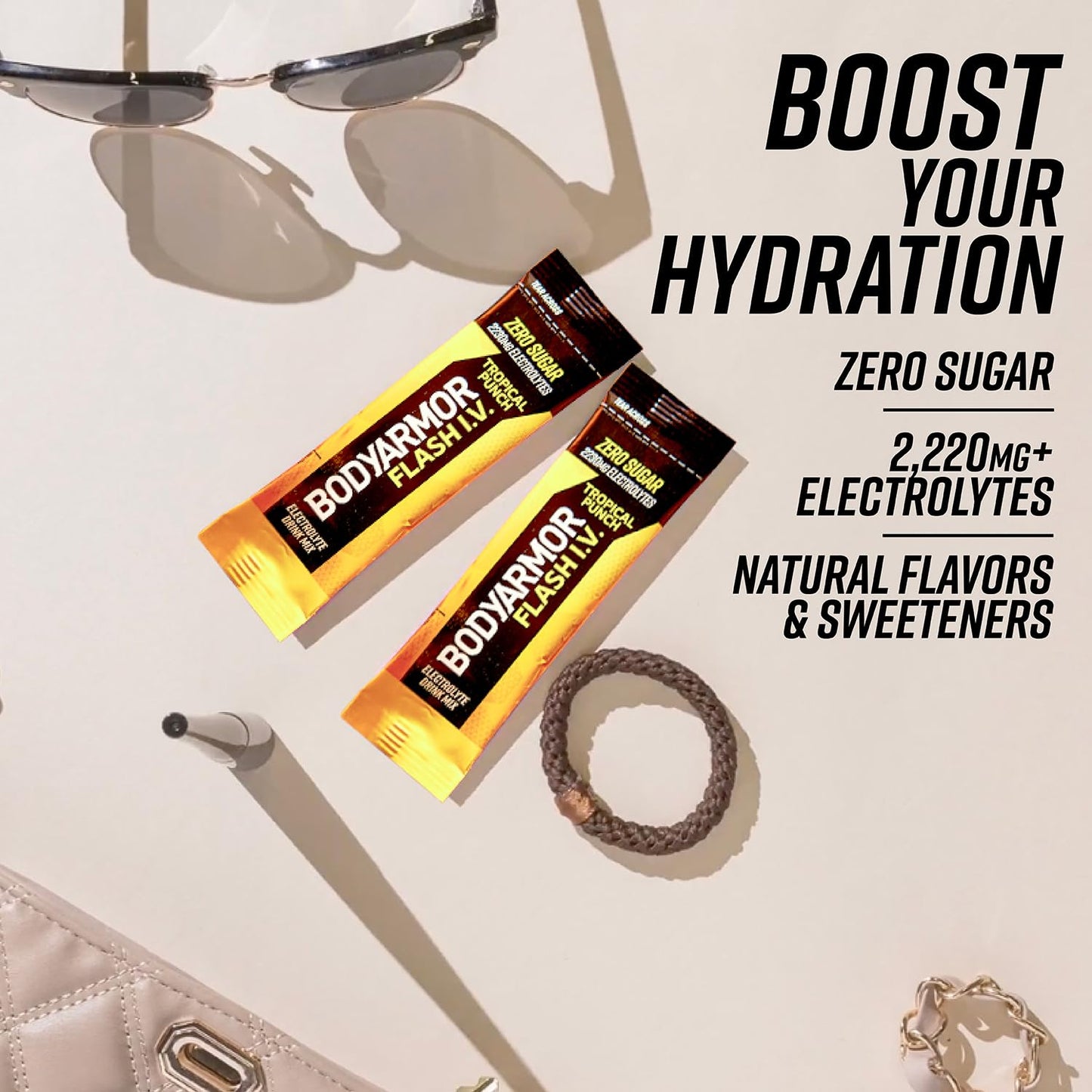 BODYARMOR Flash IV Electrolyte Packets, Tropical Punch - Zero Sugar Drink Mix, Single Serve Packs, Coconut Water Powder (6 Count)