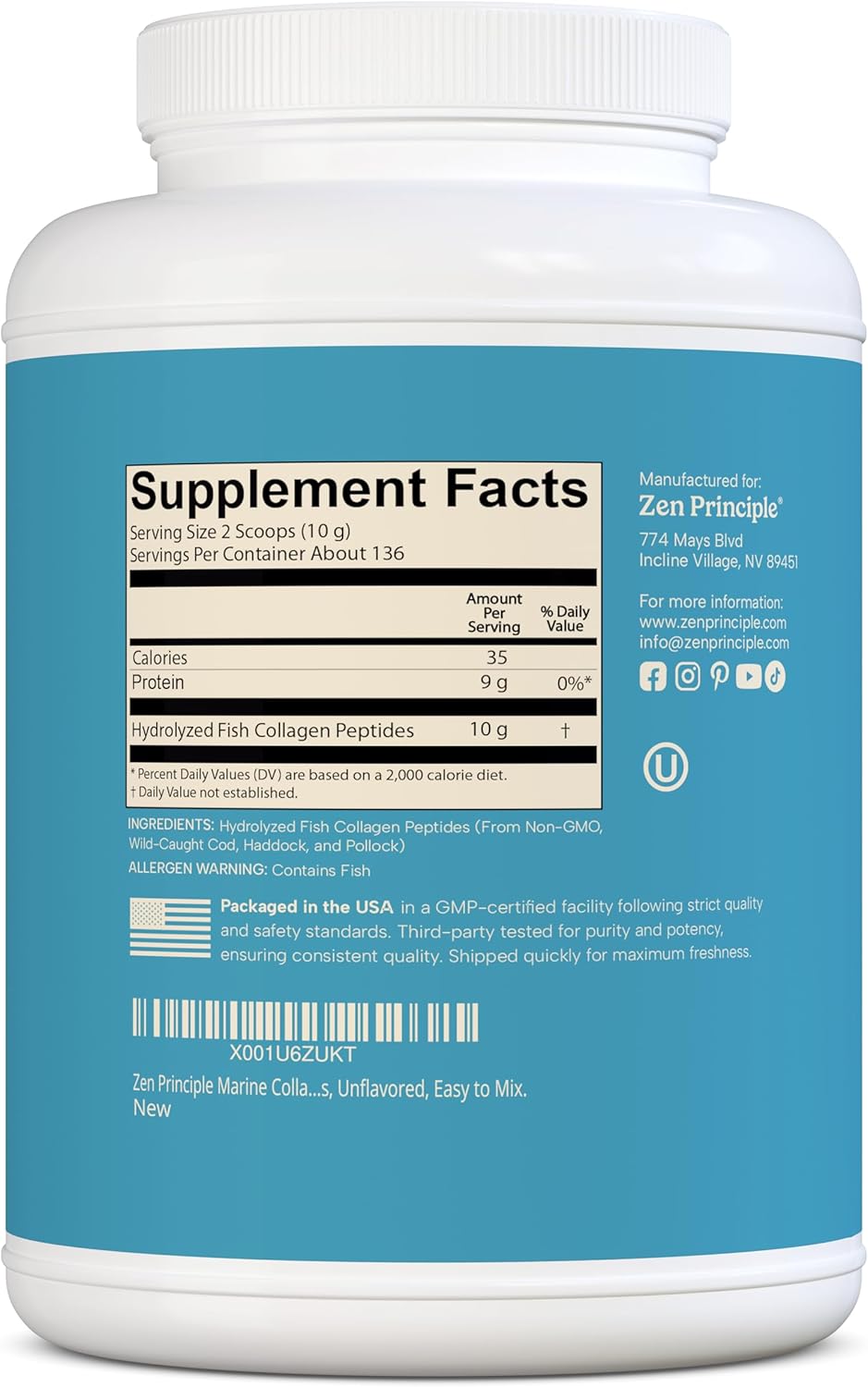 Zen Principle Marine Collagen Peptides Powder 3 lb. Wild-Caught Fish, Non-GMO. Supports Healthy Skin, Hair, Joints, and Bones. Hydrolyzed Type 1 & 3 Protein. Amino Acids, Unflavored, Easy to Mix.
