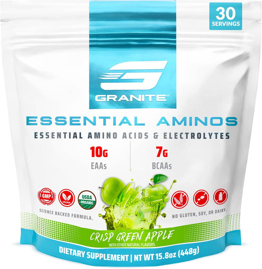 Granite Essential Amino Acids Powder, Green Apple Flavor, with 10g EAAs and 7g BCAAs, Supports Muscle Recovery & Growth, Soy-Free, Gluten-Free (30 Servings)