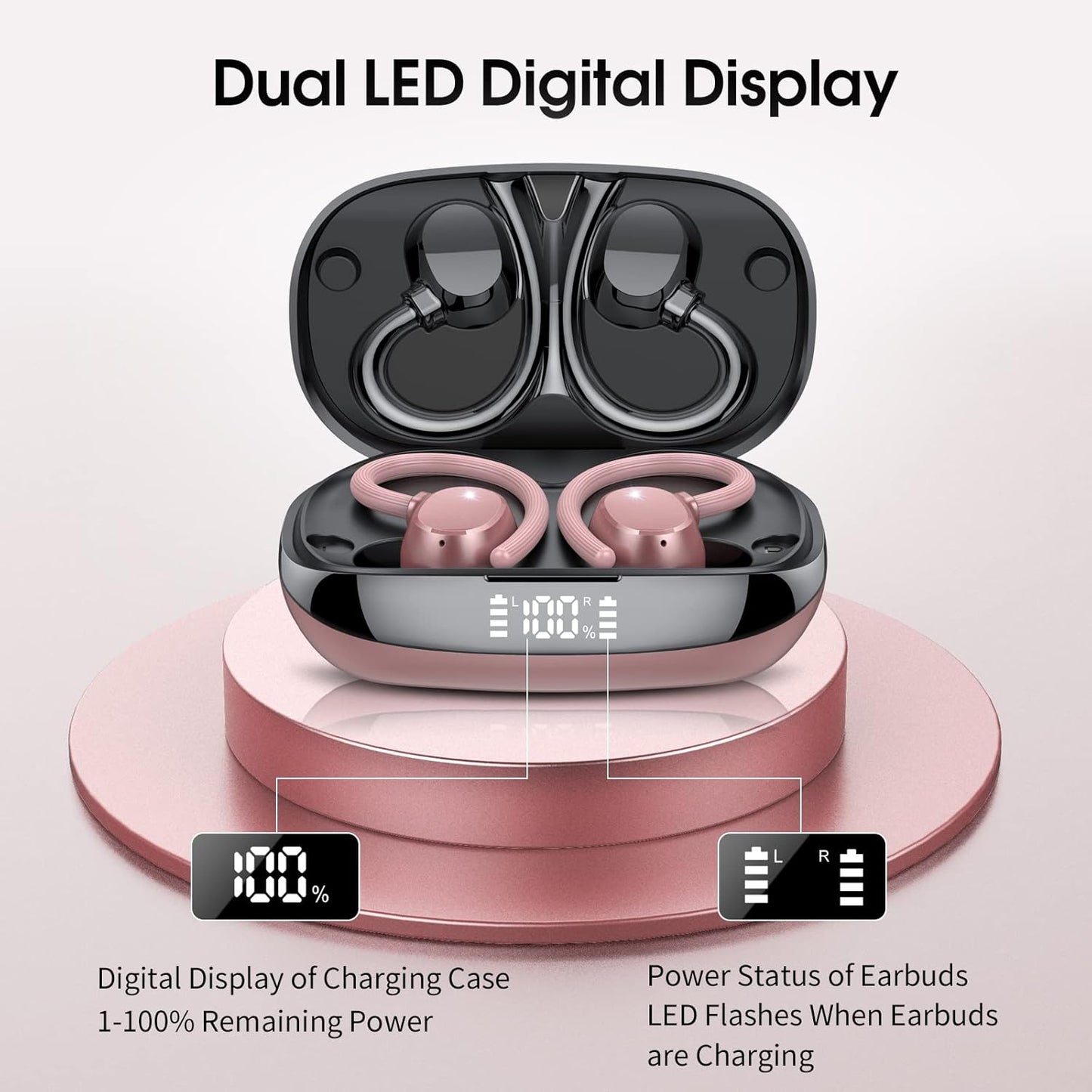 Wireless Earbuds, HiFi Stereo Sport Bluetooth 5.3 Headphones with Earhooks, 48H Deep Bass Headphones with LED Display, Noise Cancelling, IP7 Waterproof Earphones Built-in Mic for Running