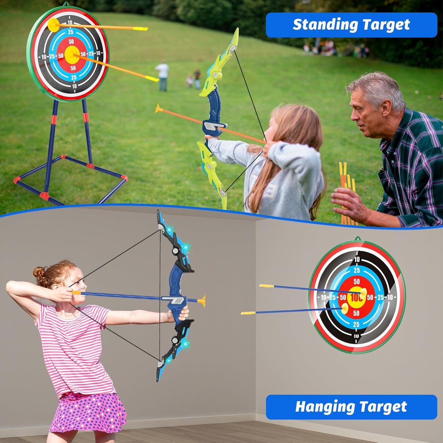 Bow and Arrow Set for Kids 4-12 Years Old, LED Light Up Archery Toy with 20 Suction Cup Arrows and Standing Target, Indoor Outdoor Activity Toys for Ages 4-6 8-13