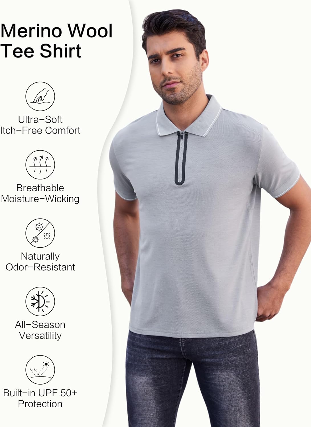 Merino Wool Polo Shirts for Men for Work Sport, Lightweight Breathable Moisture Wicking Mens Polo Shirt Short Sleeve