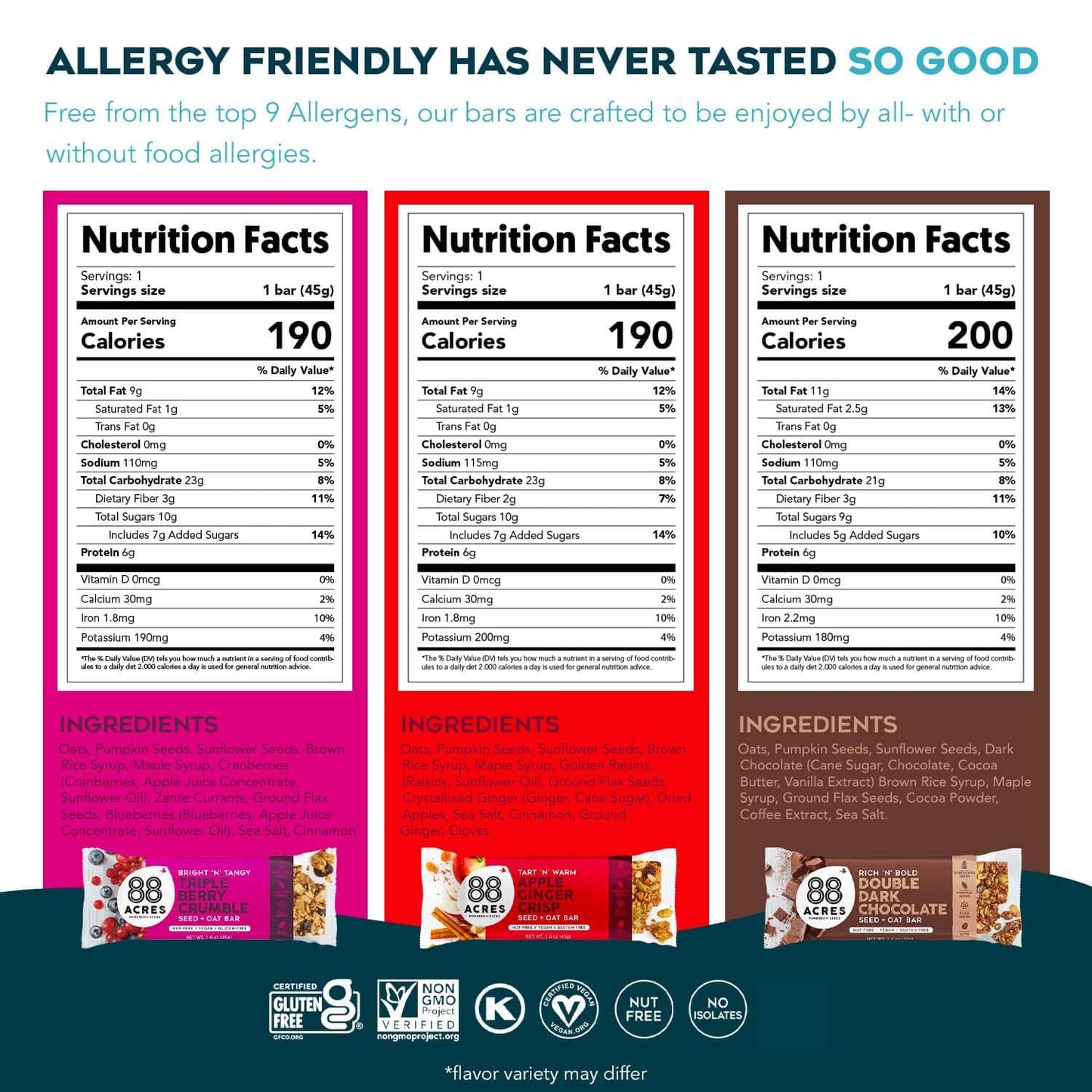 88 Acres Granola Bars | Variety | Gluten Free, Nut-Free Oat and Seed Snack Bar | Vegan & Non GMO | 12 Pack