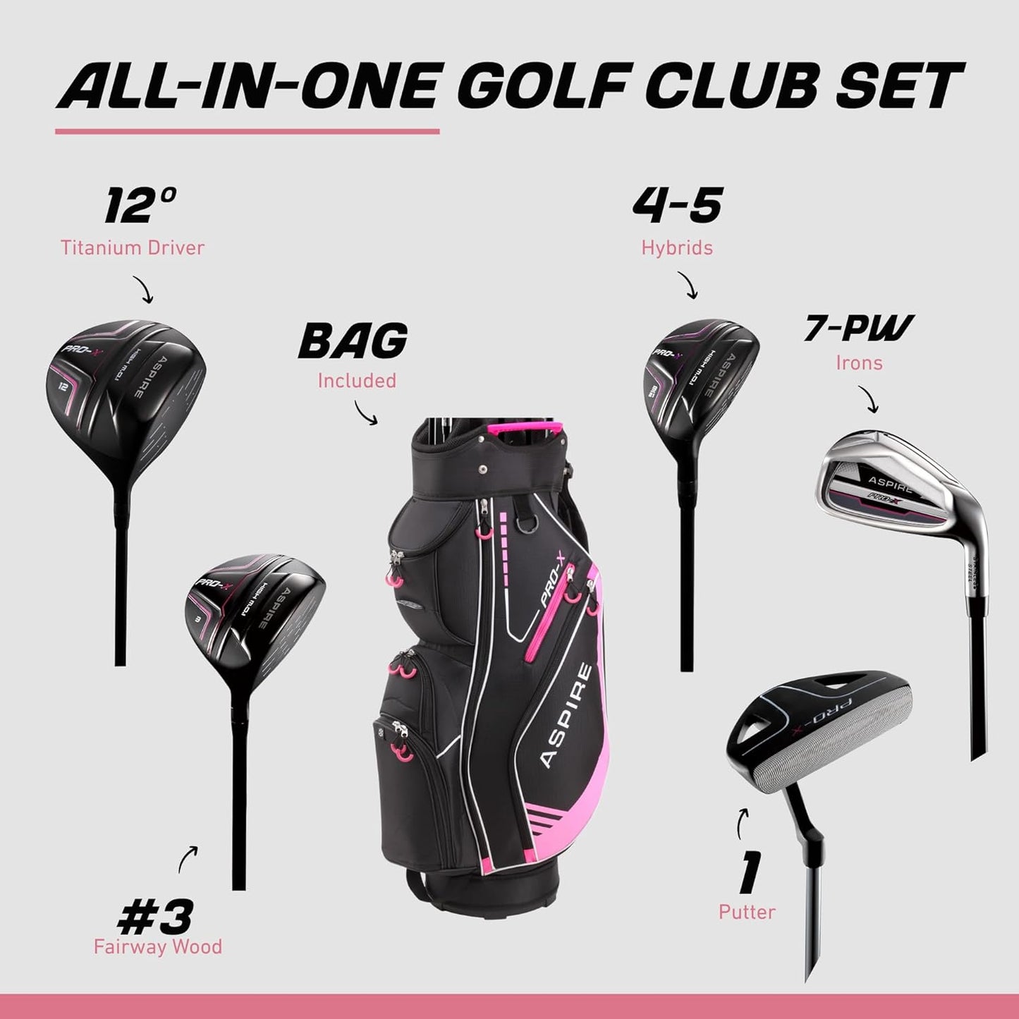 Aspire PRO-X 16-Piece Womens Golf Club Set, Includes Titanium F Driver, #3 Fairway Wood, 4-5 Hybrids, 7-SW Irons, Putter, Cart Bag, 4 H/C's, Golf Clubs Women Right Handed, Regular & Petite Sizes