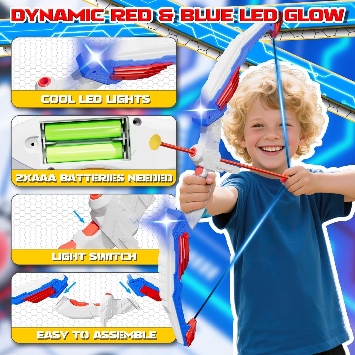 Kids Bow and Arrow Set, LED Light Up Archery Toy Set with 10 Suction Cup Arrows, 2 Target & Quiver, Indoor and Outdoor Toys Sport Gifts for Kids, Boys & Girls Ages 5 6 7 8 9 10 11 12