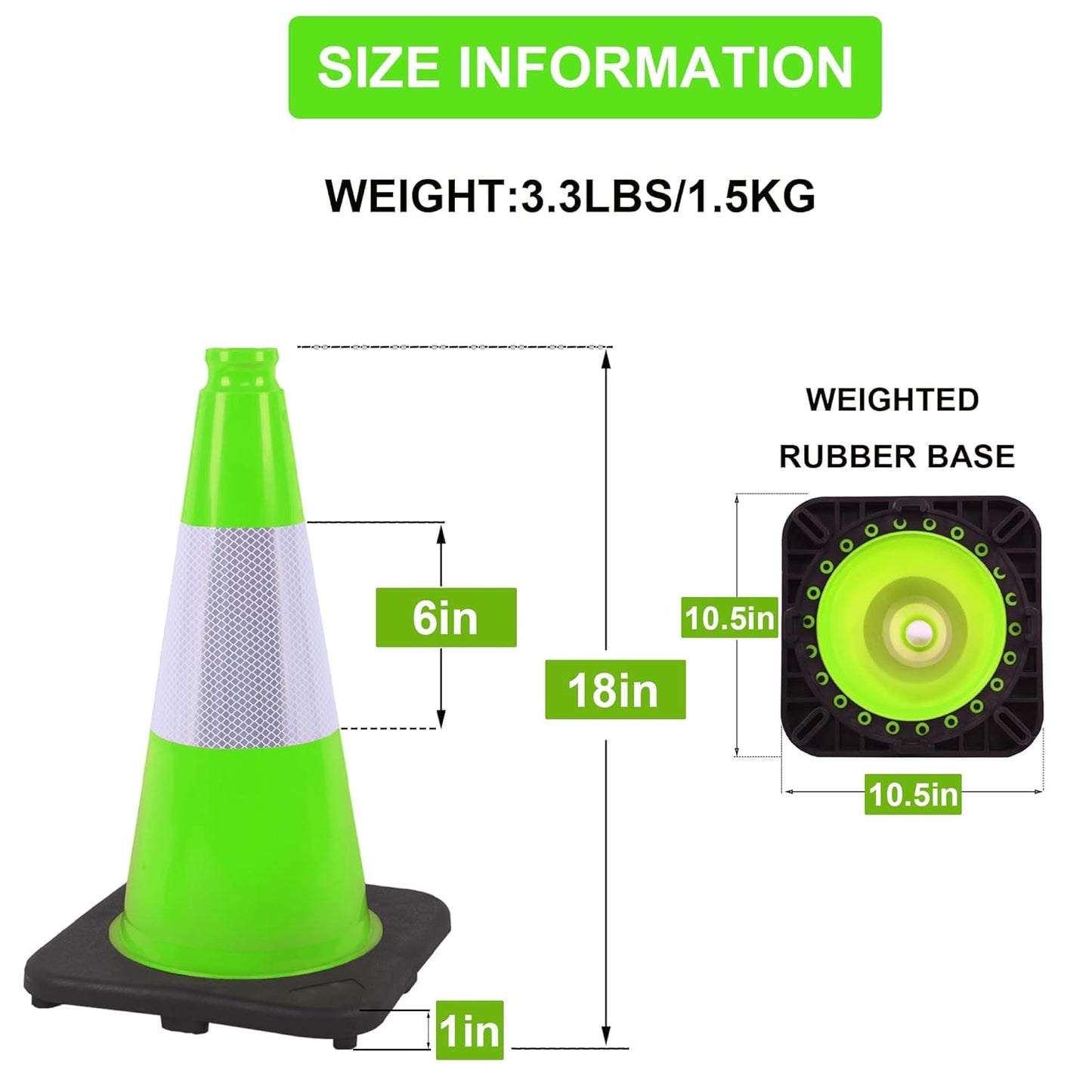 OrangeStar 6-Pack 18" Traffic Cones with Weighted Rubber Base, 6" Reflective Collar, Green Safety Cones for Parking Lot, Road Construction, Warehouse, Highway, Weatherproof PVC