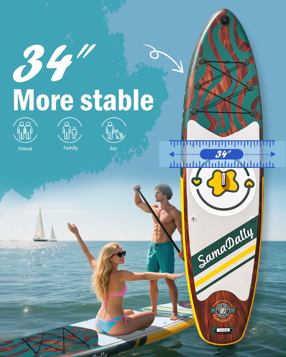 11'Stand Up Paddle Boards Surf Control with Premium SUP Board Accessories Backpack & Removable Fins, 34" Wide Inflatable Paddle Boards of All Skill Levels