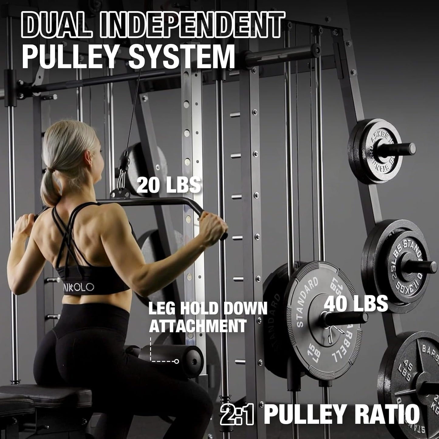 Mikolo Smith Machine, 2200lbs Squat Rack with LAT-Pull Down System & Cable Crossover Machine, Training Equipment with Leg Hold-Down Attachment