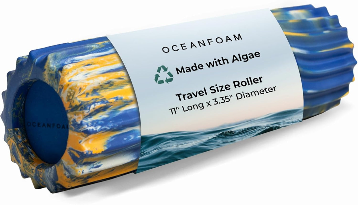 Oceanfoam Ripple Travel Foam Roller (11" x 3.35") Firm Mini Foam Roller for Physical Therapy, Deep Tissue Massage, Back Pain, High Density, Wave Textured, Yoga, Exercise (Royal Gold & Natural Marbled)