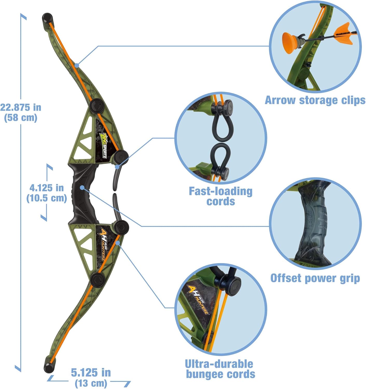 Zing Air Hunterz Z-Curve Bow Pack, 1 Green Bow, 4 Orange Zonic Whistle Arrows, 2 Orange Suction Cup Arrows and 1 Bungee, Shoots Arrows Up to 200 Feet