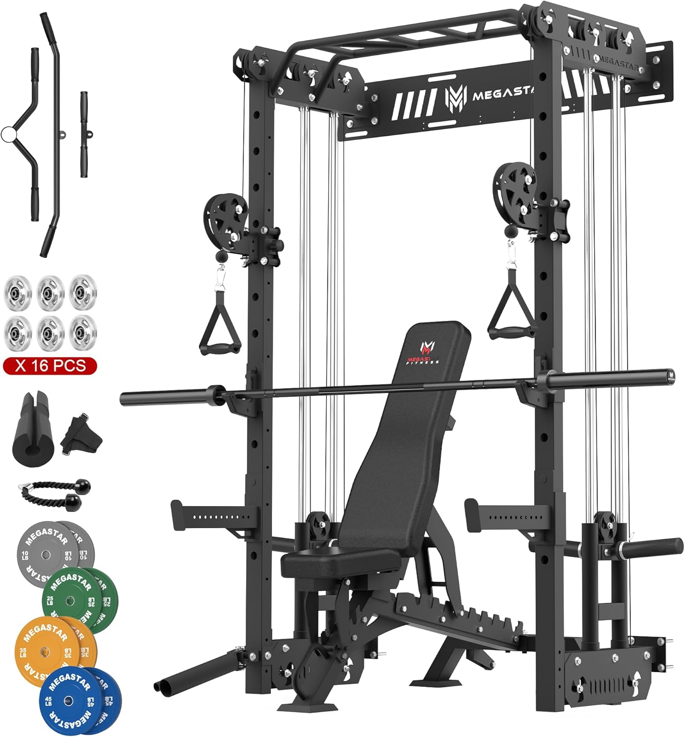 Wall Mounted Power Rack – 1600LB Capacity Compact Commercial Home Gym with Dual Cable Crossover, LAT Pulldown, Multi-Grip Pull-Up Bar & Landmine Attachment for Small Spaces, P67 Striker Red