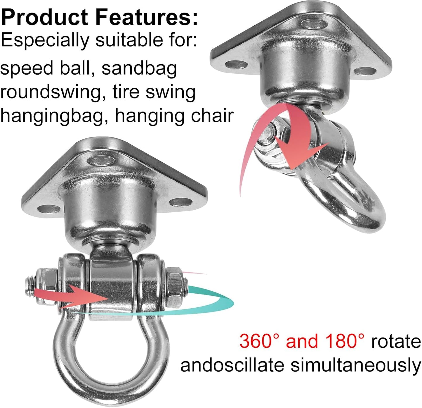 Silent Bearing Swivel Swing Hanger Stainless Steel Heavy Duty 180°+360° Swivel Swing Hook 1500 lb Capacity Playground Yoga Hammock Chair Rope sandbag Porch Swing Bag Sleeve