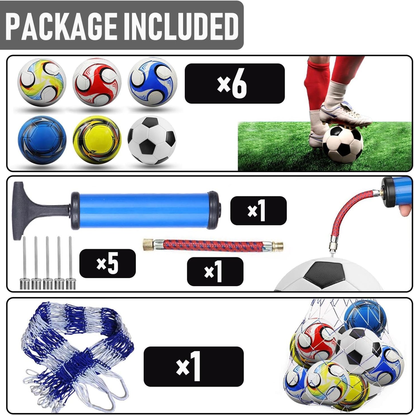 6 Pack Classic Soccer Balls Size 5 With Pump and Net Bag - Training and Practice for Kids and Adults, Indoor and Outdoor Competition