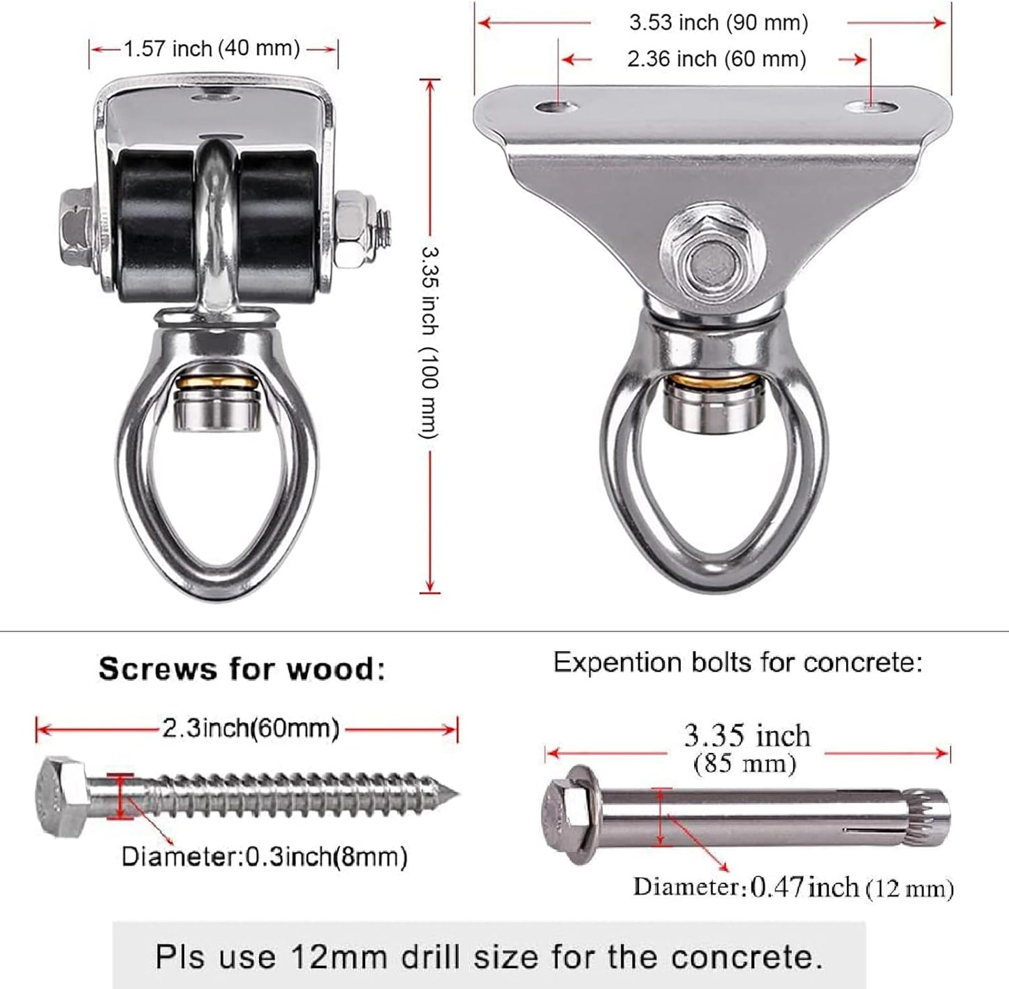 Stainless Steel Punching Bag Hanger with Bearing Heavy Bag Ceiling Mount Hardware 1000 LB Capacity 360° Swivel Hook for Boxing Bag Hanging Hardware Heavy Bag Hanger Mount Hooks with Carabiner