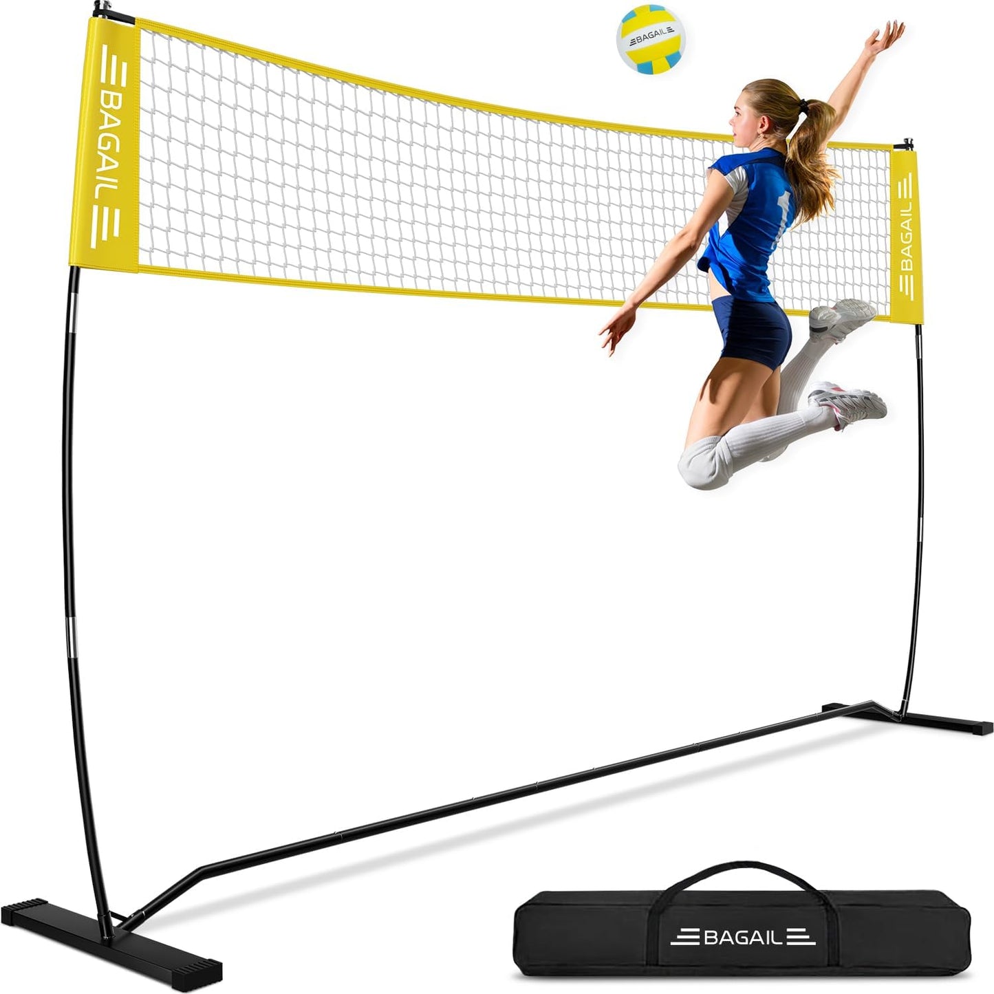 BAGAIL Volleyball Net, 12ft/20ft Portable Volleyball Net for Backyard - Adjustable Height, Heavy-Duty Frame, Freestanding Design - Portable Outdoor/Indoor Volleyball Set with Carry Bag