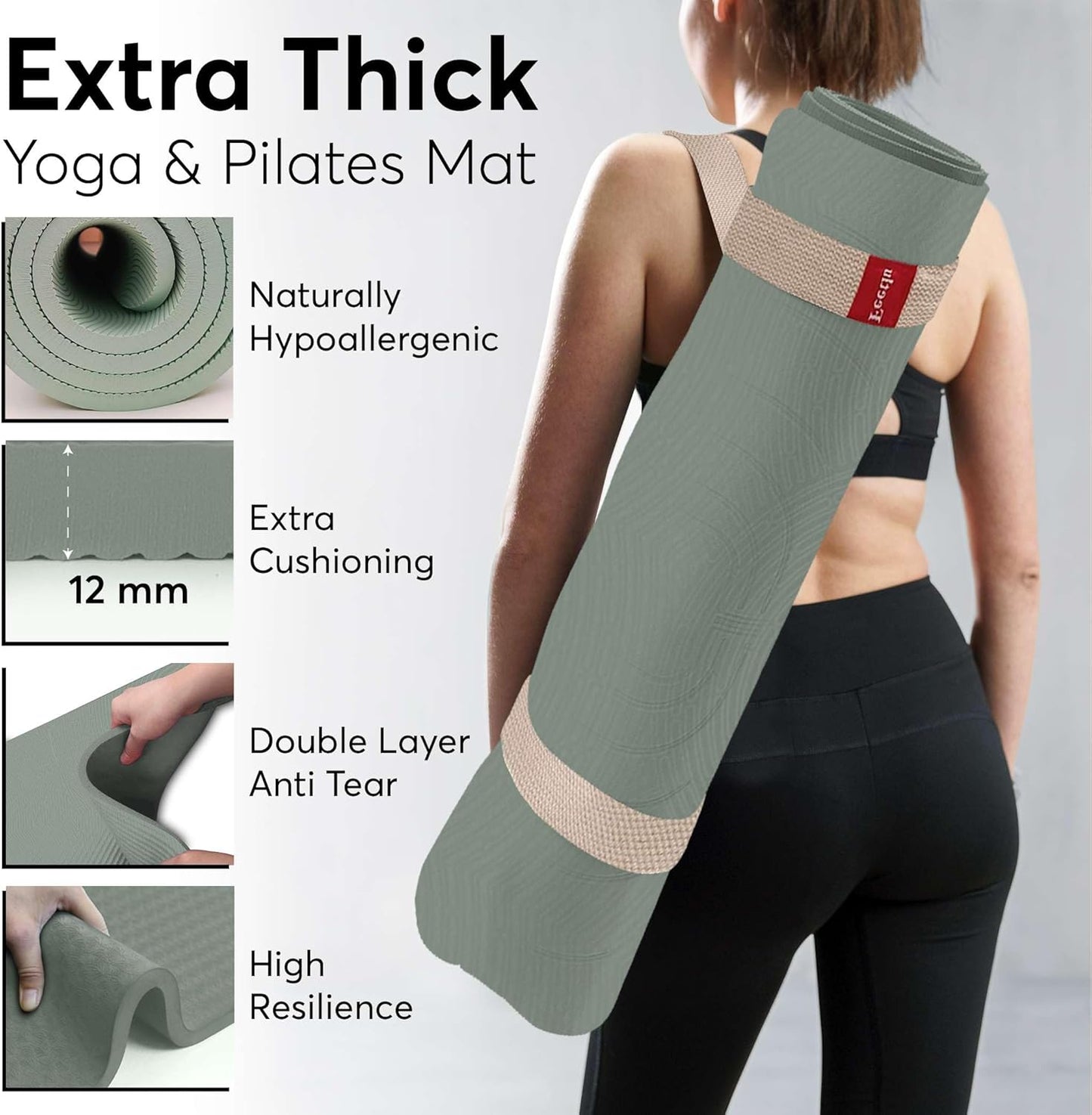 Extra Thick 12mm Exercise Mat – Non-Slip, Joint-Friendly & Cushioned Fitness Mat for Yoga, Pilates & Floor Workouts – Durable, Supportive & Includes Feetlu Classic Strap