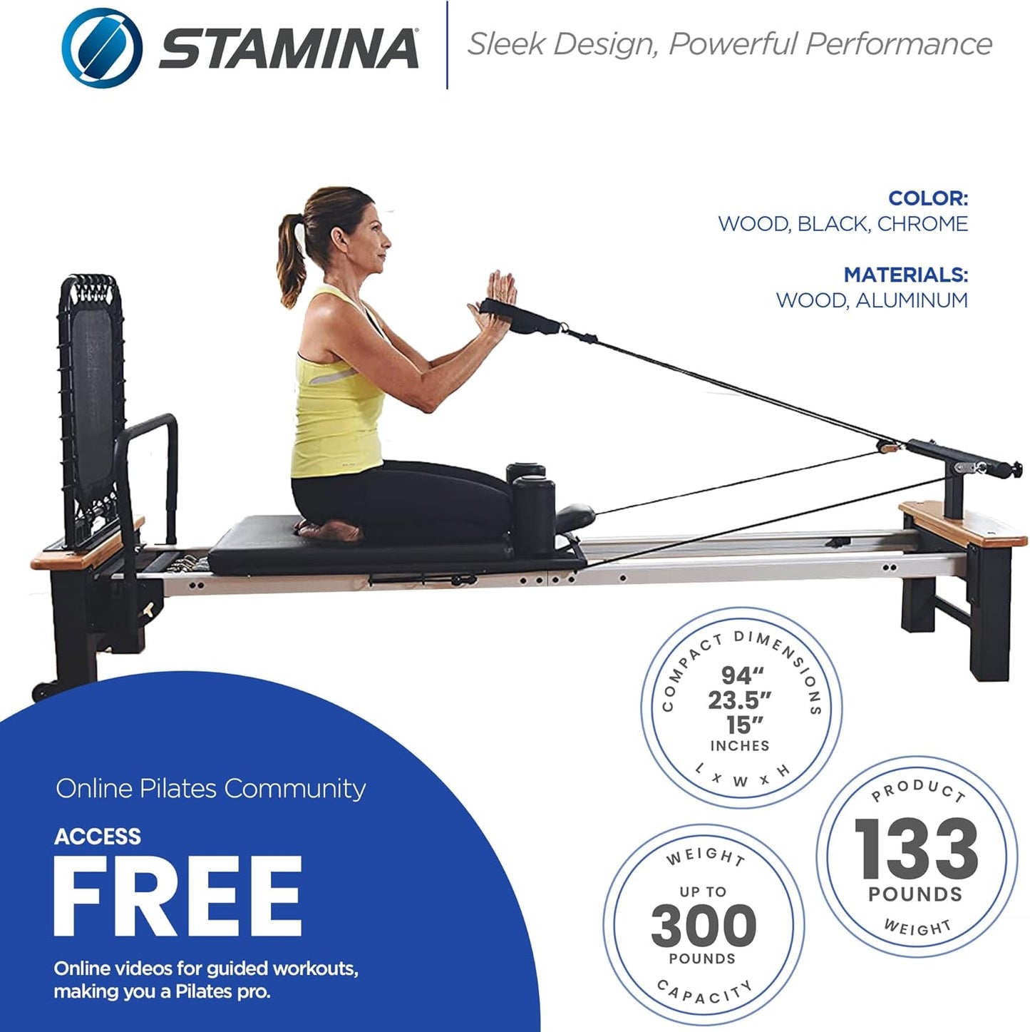 Stamina Products AeroPilates Reformer Workout Machine for Home Gym, 300 lb Capacity