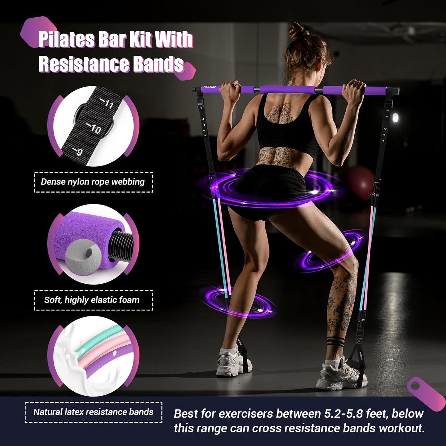 Pilates Bar Kit with Resistance Bands, Multifunctinal Exercise Bar with Ab Roller for Pilates/Abs/Weight Loss, Portable Home Gym Pilates bar kit for Full Body Training Women