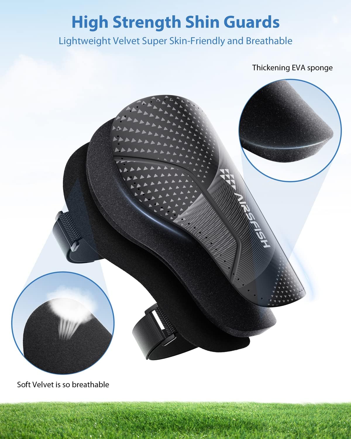 Shin Guards Soccer Kids Youth, CE Certified Airsfish Shin Guard Protection Gear for 2-18 Years Old Boys Girls Teenagers High Impact Resistant Breathable Comfortable 1 Pair 4 Sizes