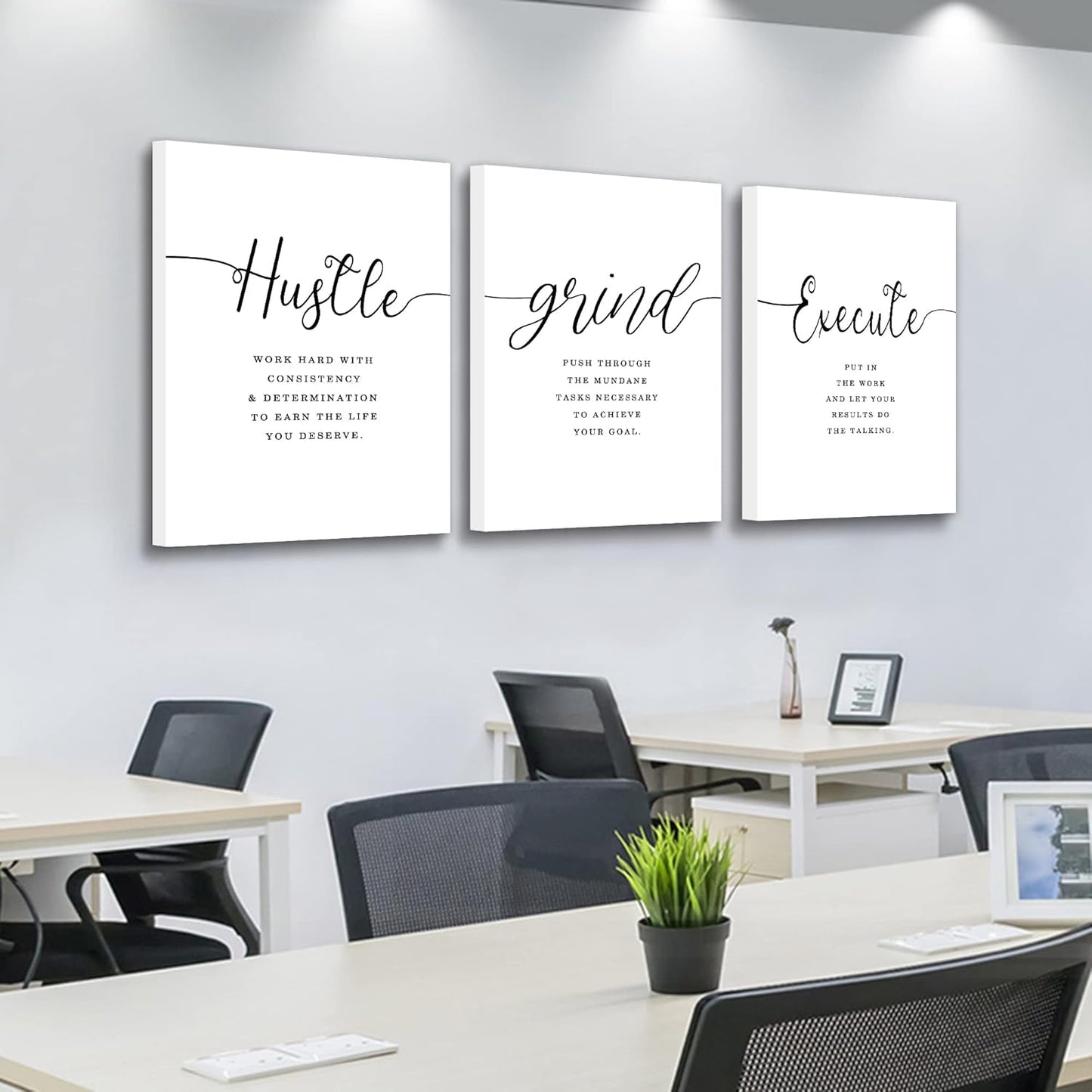 Framed Canvas Wall Art Hustle Quote, Office Wall Art, White Large Poster, Positive Motivational Set of 3 Prints, Execute Hustle Grind, Inspirational Print (H-3pcs,20x30inchx3pcs)