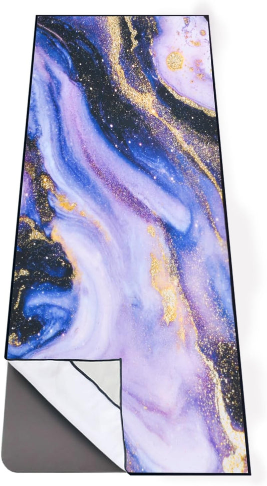 QiyI Yoga Mat Towel with Corner Pockets, Non Slip Sweat Absorbent Hot Yoga Towels, Soft Yoga Blankets with Travel Bag, Skidless Mat Cover for Workout, Gym, Fitness - 70"x26", Purple & Pink Grain
