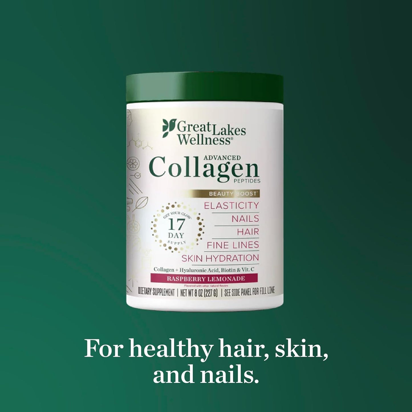 Great Lakes Wellness Beauty Boost Advanced Collagen Peptides Powder with Hyaluronic Acid, Biotin, Vitamin C - Skin Elasticity and Hydration - Raspberry Lemonade Flavor - Non-GMO, Keto, Kosher - 8 oz