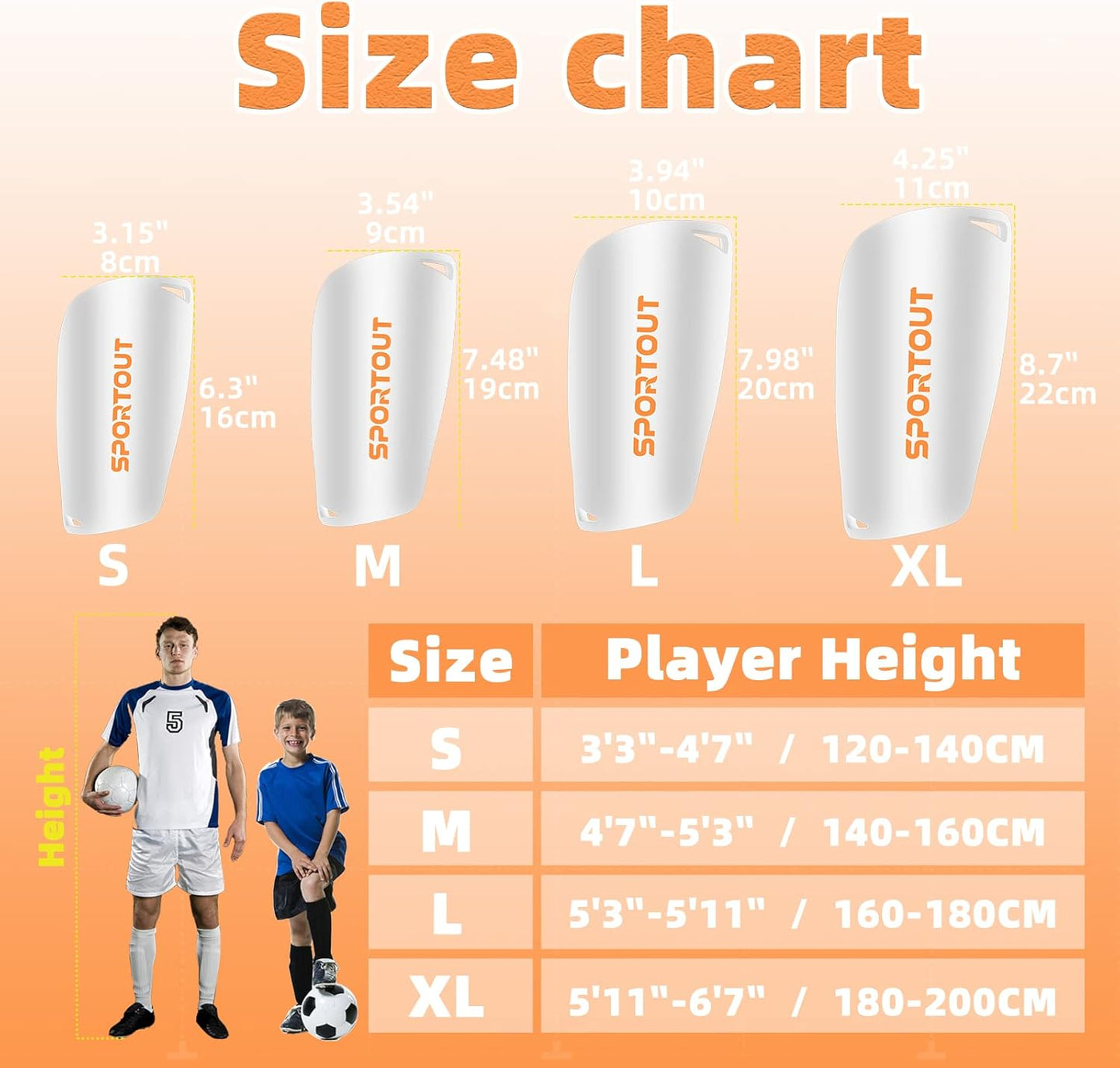 Sportout Soccer Shin Guards - Shin Guards Soccer Kids Youth Adult Protective Shin Pads with Sleeves and Insert Pocket for Boys Girls for Age 4-6, 6-8, 8-10,10-12,12-14,14-Adult
