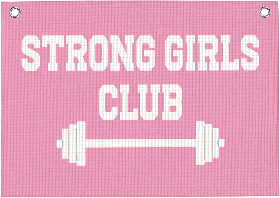 Strong Girls Club Pink Gym Motivational Wall Art Banner College Dorm Posters Gifts for Girls Women Gym Flag Decor for Home Gym Bedroom Workout Room 30x20 Inchs