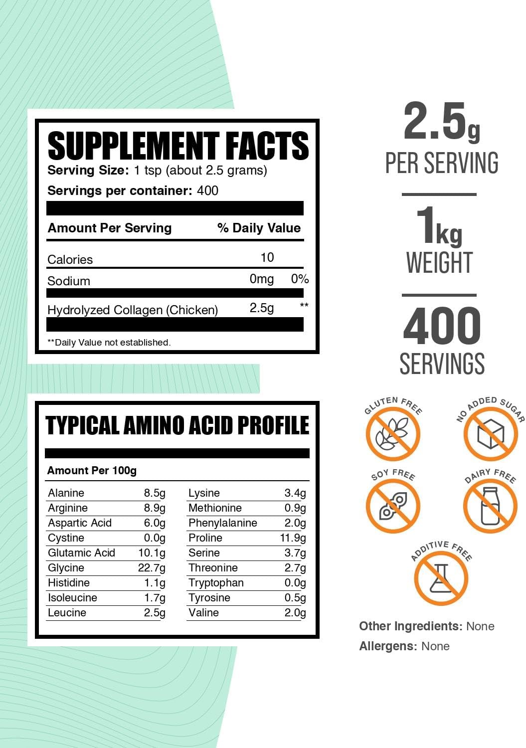 BulkSupplements.com Chicken Collagen Powder - Hydrolyzed Collagen Supplement, for Hair, Skin, & Nails - Unflavored & Gluten Free, 2.5g per Serving, 1kg (2.2 lbs) (Pack of 1)