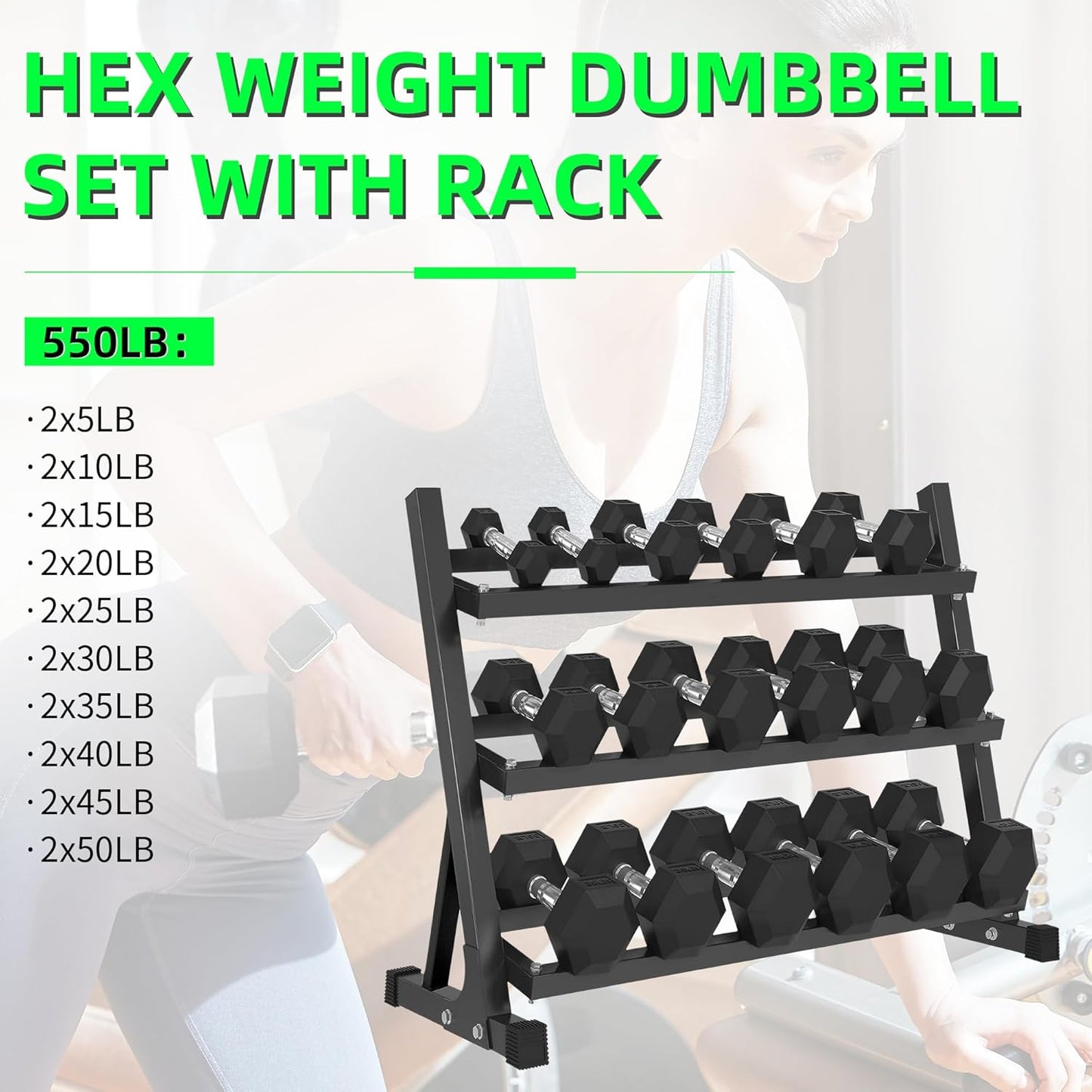 Ritafer Hex Weight Dumbbell Set with Rack Hand Weights for Strength Training Rubber Coated Dumbbells for Home Gyms Exercise & Fitness Training Muscle 5/10/15/20/25/30/35/40/45/50 lbs
