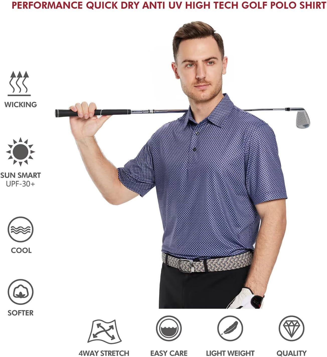 Men's Golf Polo Shirts Short Sleeve Striped Performance Moisture Wicking Dry Fit Golf Shirts for Men