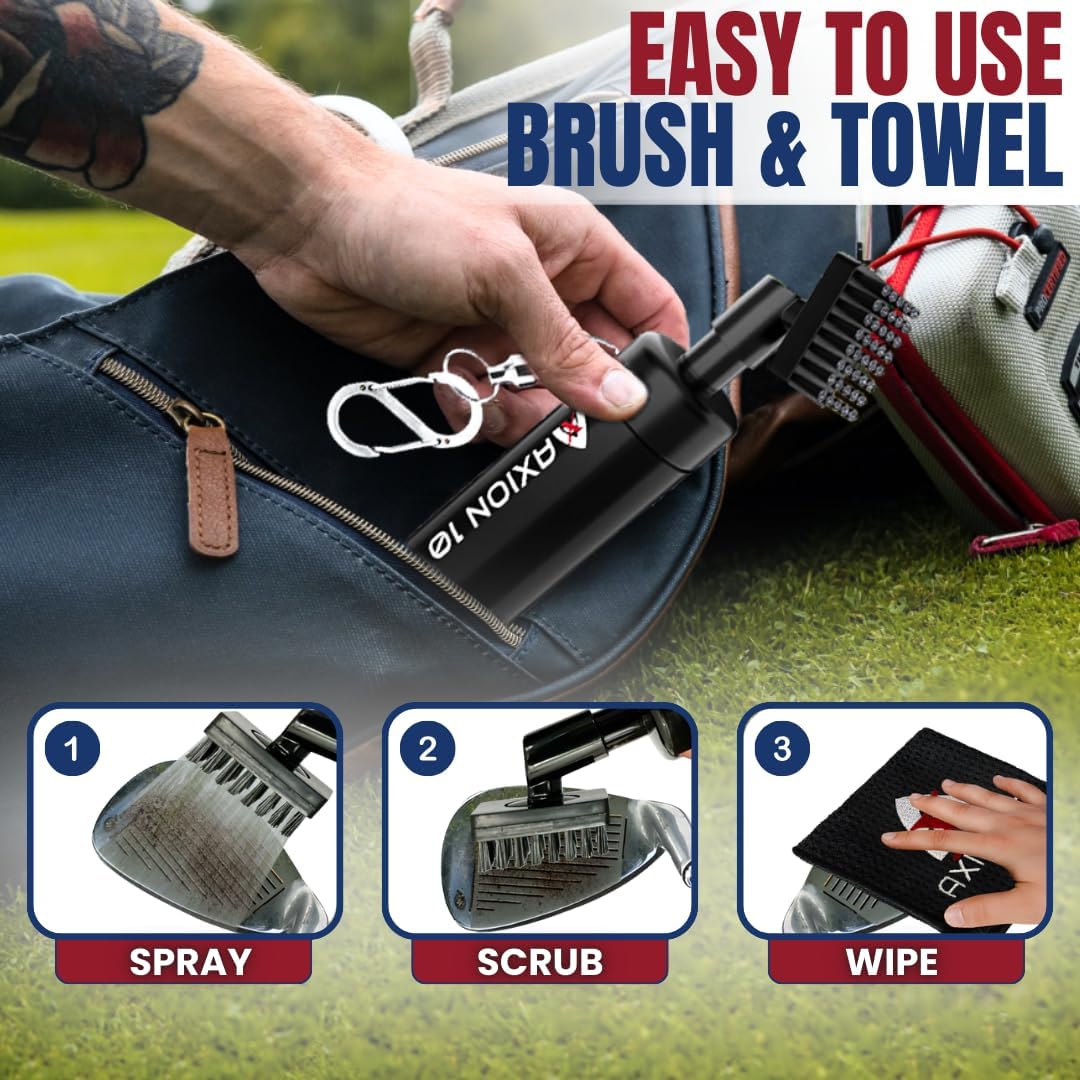 Premium Club Cleaner for Golf Bag & Microfiber Golf Towel, Heavy Duty Magnetic Clip; Golf Brush and Groove Cleaner, Golf Club Cleaner Brush, Great Golf Gift, 4oz Golf Club Water Brush (Perfect Size)
