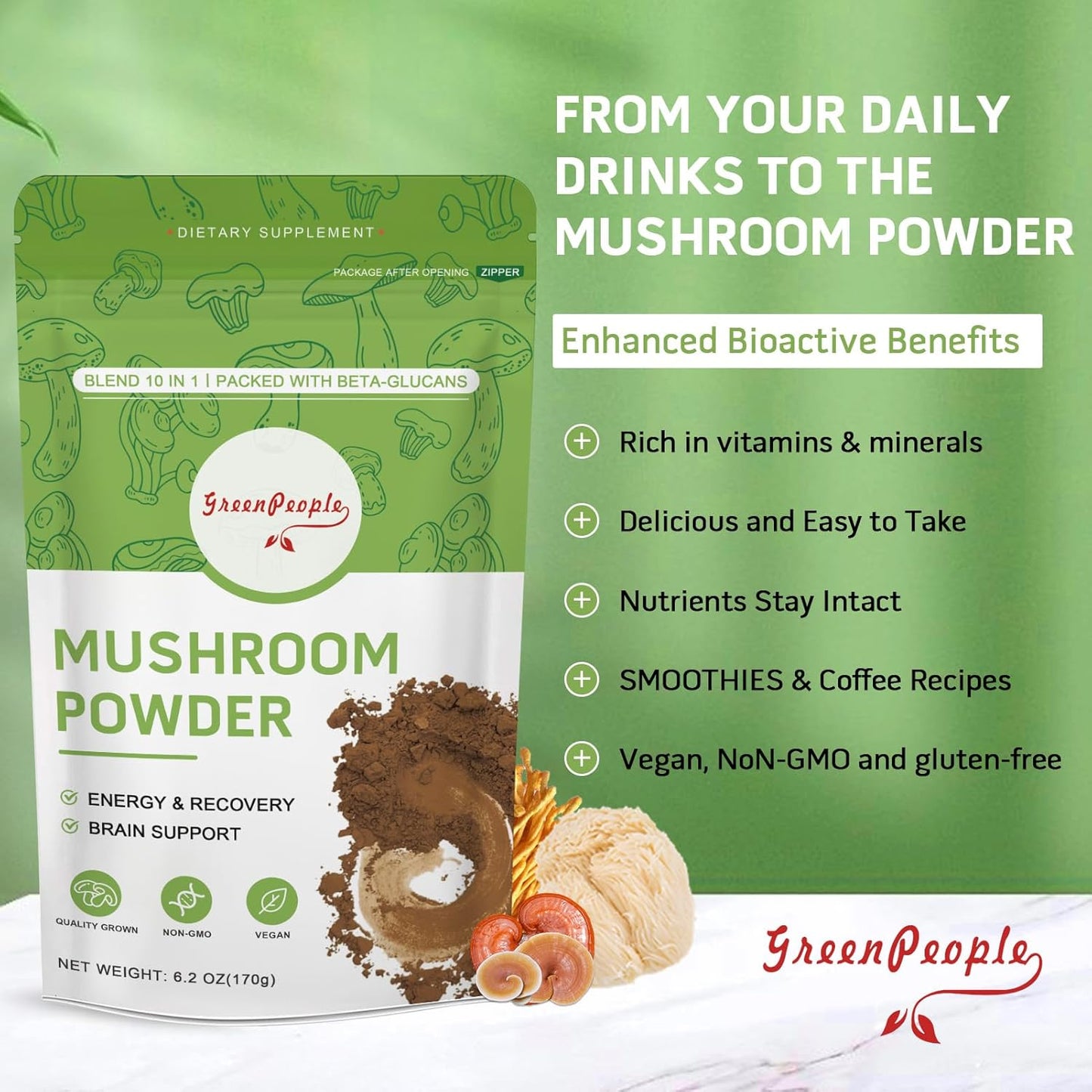 Mushroom Powder Mushroom Supplement - 10-in-1 Mushrooms Lions Mane Powder with Reishi/Cordyceps/Chaga/Turkey Tail/Maitake/Complex for Cognitive Function & Immune Support 60 Servings