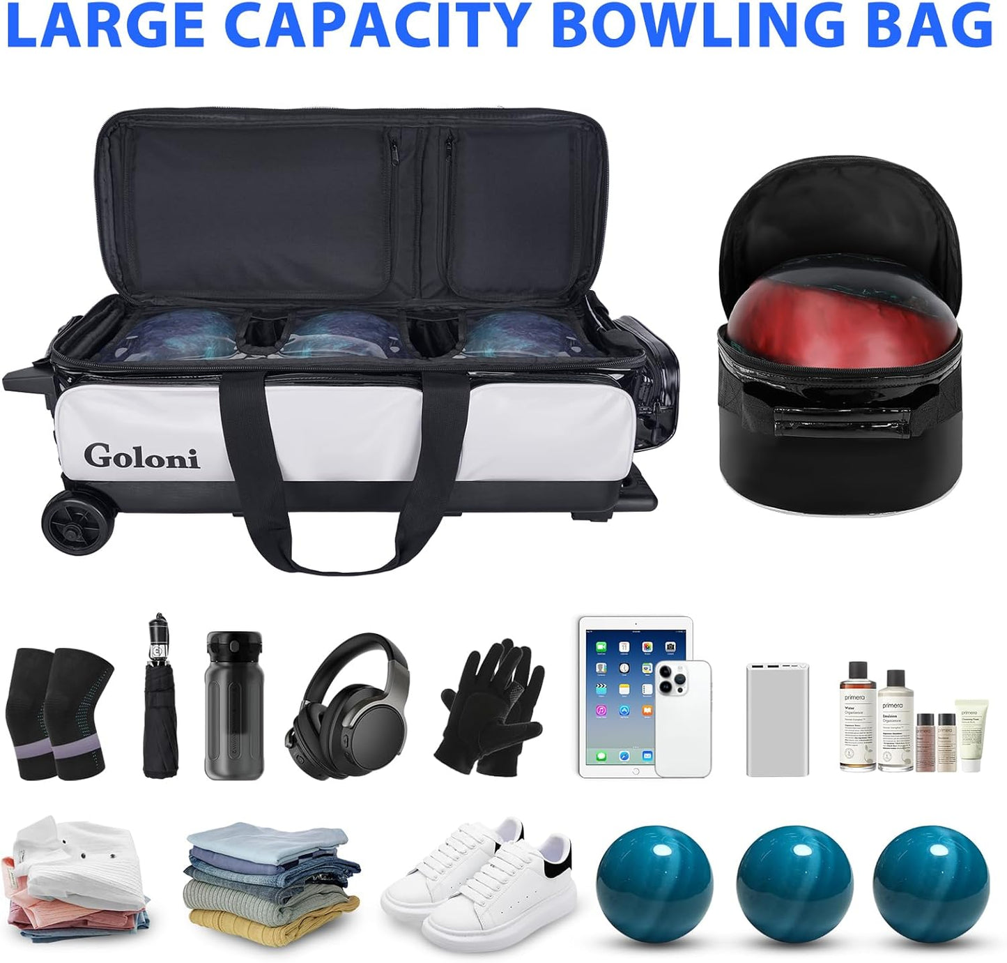 4 Ball Bowling Bags with Wheels,3 Ball Bowling Bag + 1 Ball Tote,Separate Shoe Compartment for Shoes (Up To US Men Size 16)