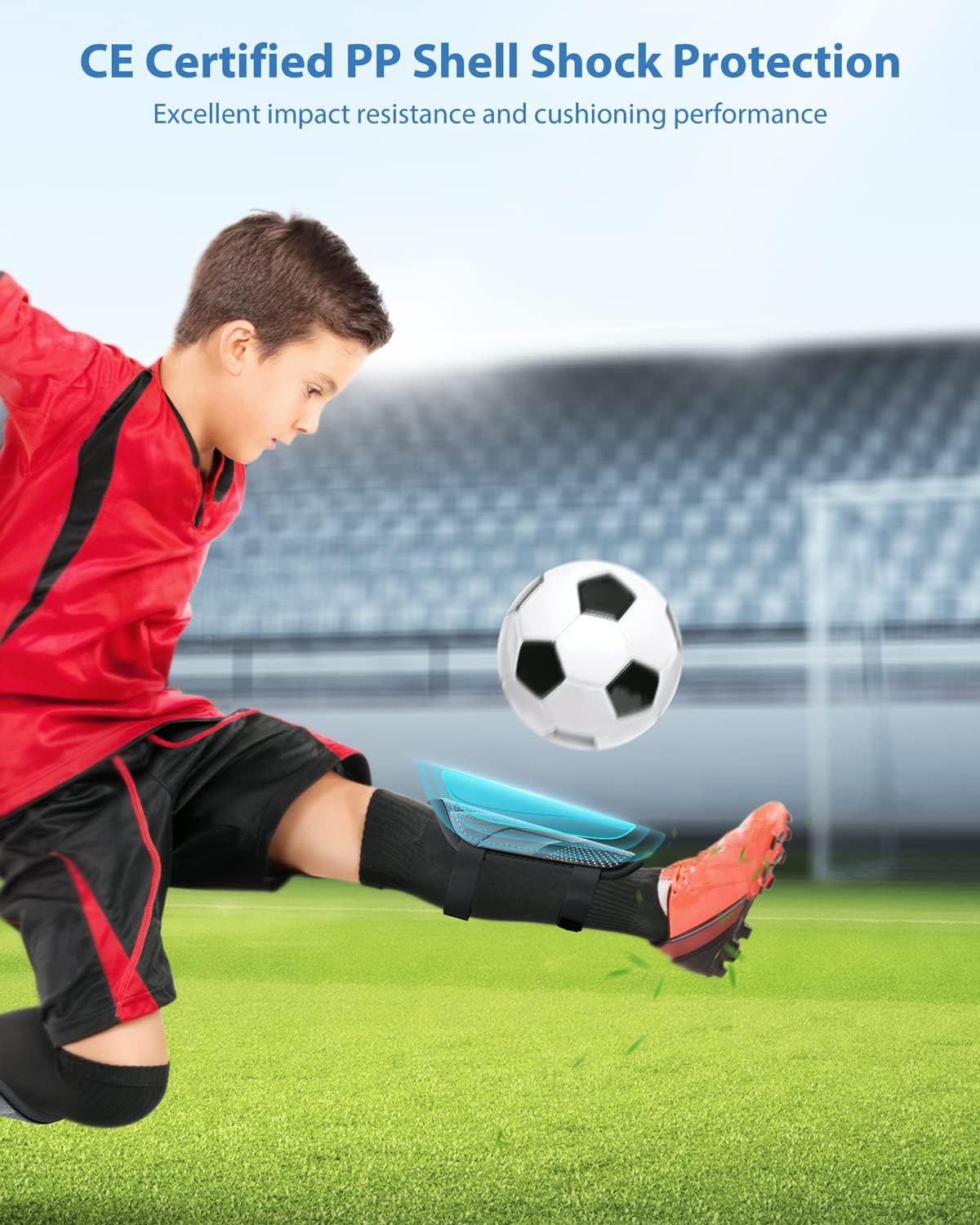 Shin Guards Soccer Kids Youth, CE Certified Airsfish Shin Guard Protection Gear for 2-18 Years Old Boys Girls Teenagers High Impact Resistant Breathable Comfortable 1 Pair 4 Sizes