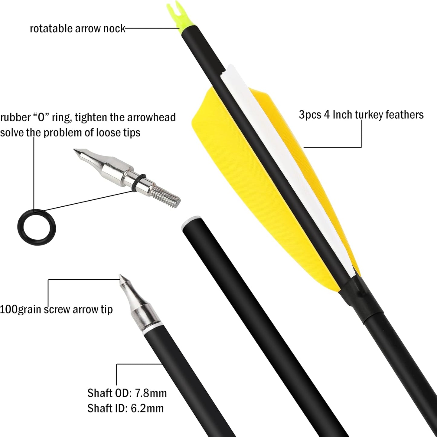 ZSHJGJR 30 Inch Archery Carbon Arrows Hunting Arrows with 4” Turkey Feather Target Practice Arrows Spine 500 for Compound & Recurve &Traditional Bow 6/12pcs