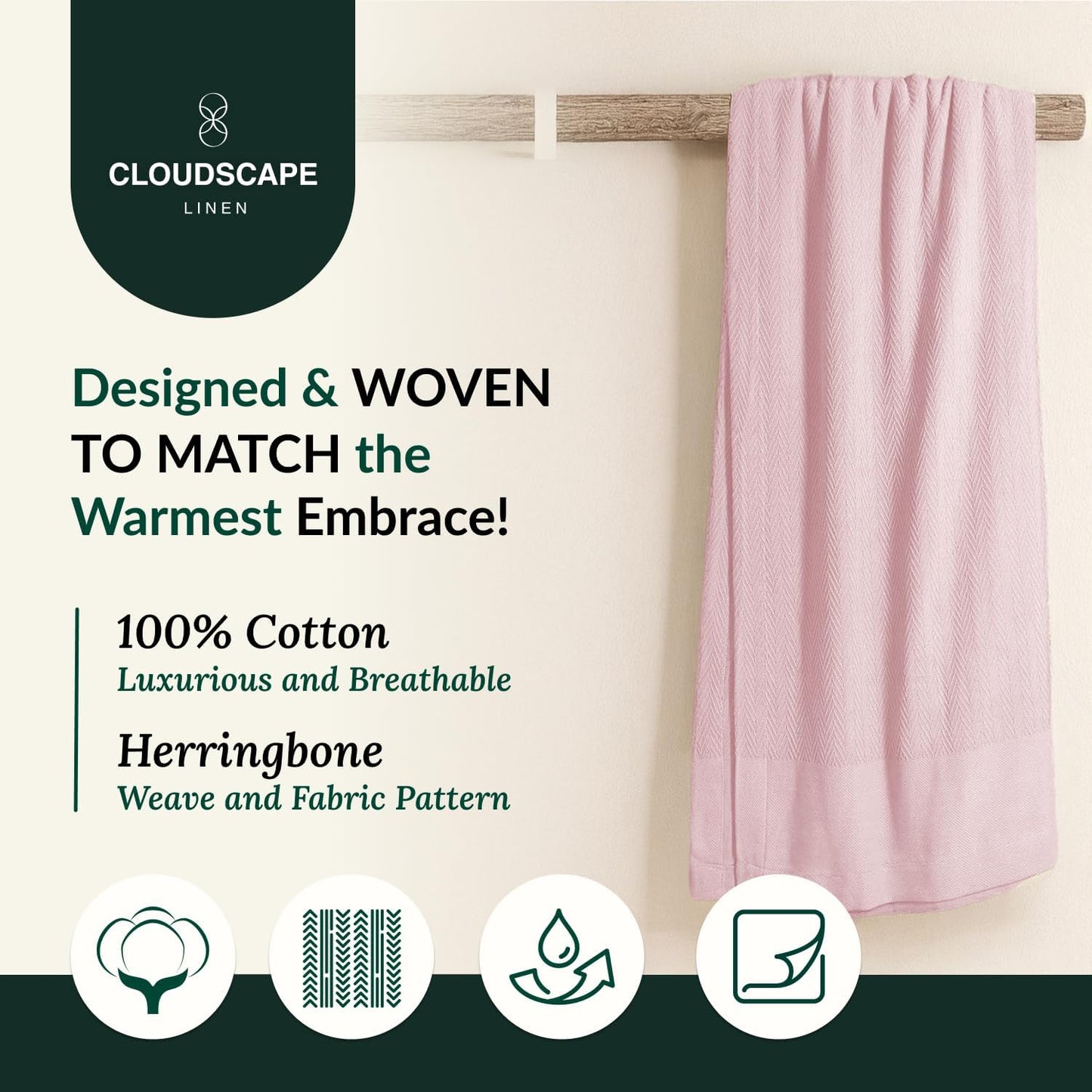 Cloud Scape Linen 100% Cotton Queen Size Blanket, Herringbone Pattern, Lightweight Summer Blanket,Best Gifts for Women, fits Full Size Bed, 92 x 92, Seashell Pink