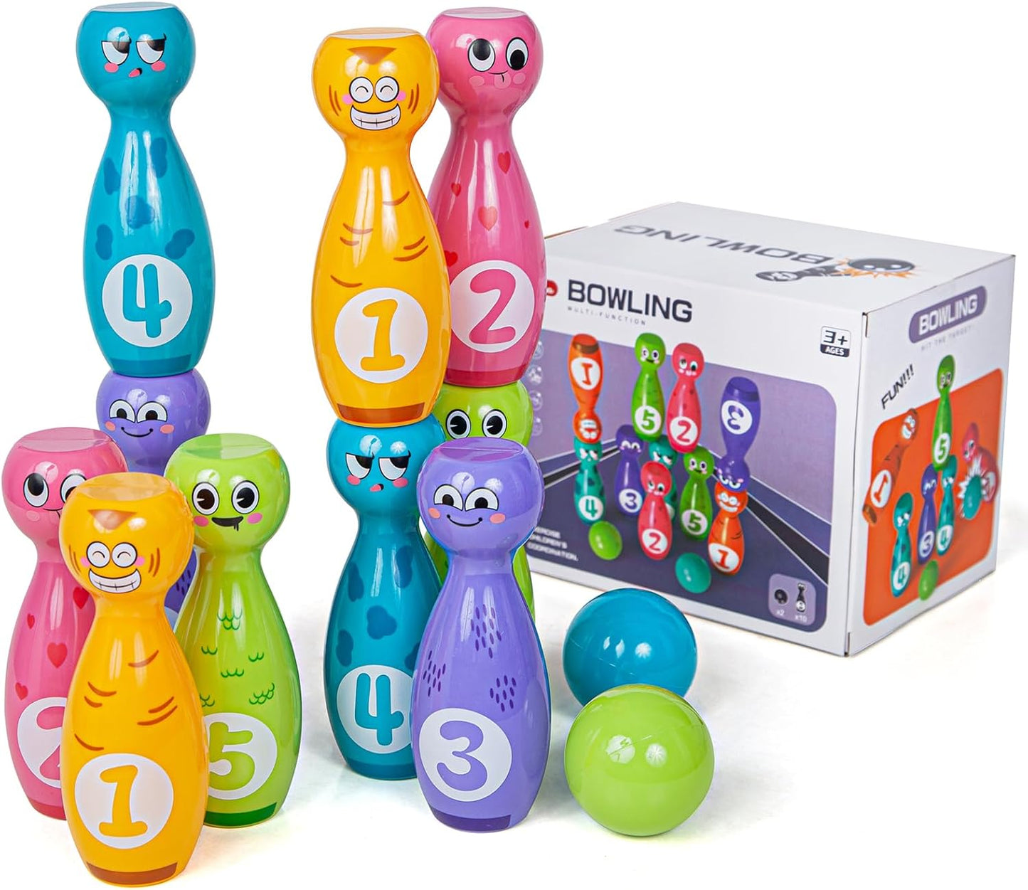 Bowling Set for Kids 2-5,Includes 10 Plastic Pins & 2 Balls, Indoor Activity Games, Birthday Gifts for Boys Girls 5-7,(Color Gift Box Packaging)