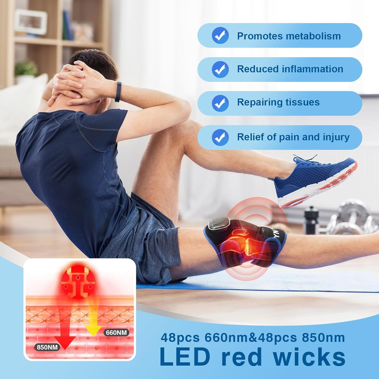 Red Light Therapy for Knee with Heated Vibration,Cordless Near Infrared Red Light Therapy Wrap Device,96 LED Beads (660nm + 850nm),3000 mAh Rechargeable Knee Massager for Pain Relief & Support (Blue)