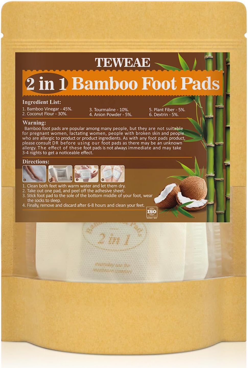 2 in 1 Foot Pads, Tear and Use Pure Bamboo Vinegar Coconut Foot Pads, Bigger Adhesive ''Stay in Place'' Goodnight Pads (10Pads)