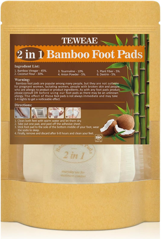 2 in 1 Foot Pads, Tear and Use Pure Bamboo Vinegar Coconut Foot Pads, Bigger Adhesive ''Stay in Place'' Goodnight Pads (10Pads)