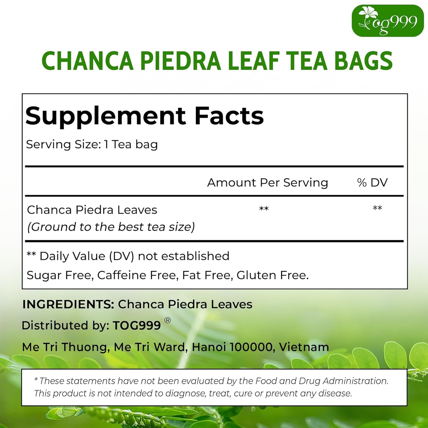 TOG999, 60 Tea bags Dried Chanca Piedra Leaves, Chanca Piedra Tea “Stone Breaker” 100% Natural & Pure. Made with Natural Material Tea Bags. No Sugar, No Caffeine, No Gluten, Vegan.